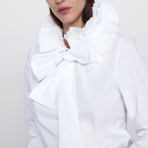 Zara Tops - ZARA Poplin Blouse with Ruffle Tie Collar